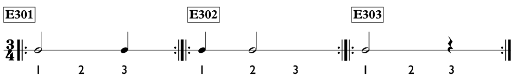 Rhythm exercises with half notes, quarter notes, and rests - Time Lines Unit 3.