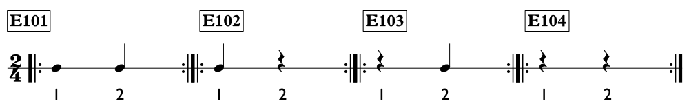 Rhythm exercises with quarter notes and quarter rests in 2/4 and 3/4 time - Time Lines Unit 1.