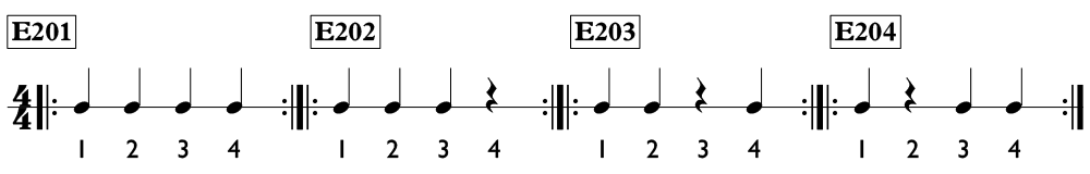 Rhythm exercises with quarter notes and quarter rests in 4/4 time - Time Lines Unit 2.