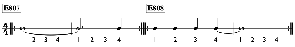 Rhythm exercises with ties over measure lines in 2/4, 3/4, and 4/4 - Time Lines Unit 8.