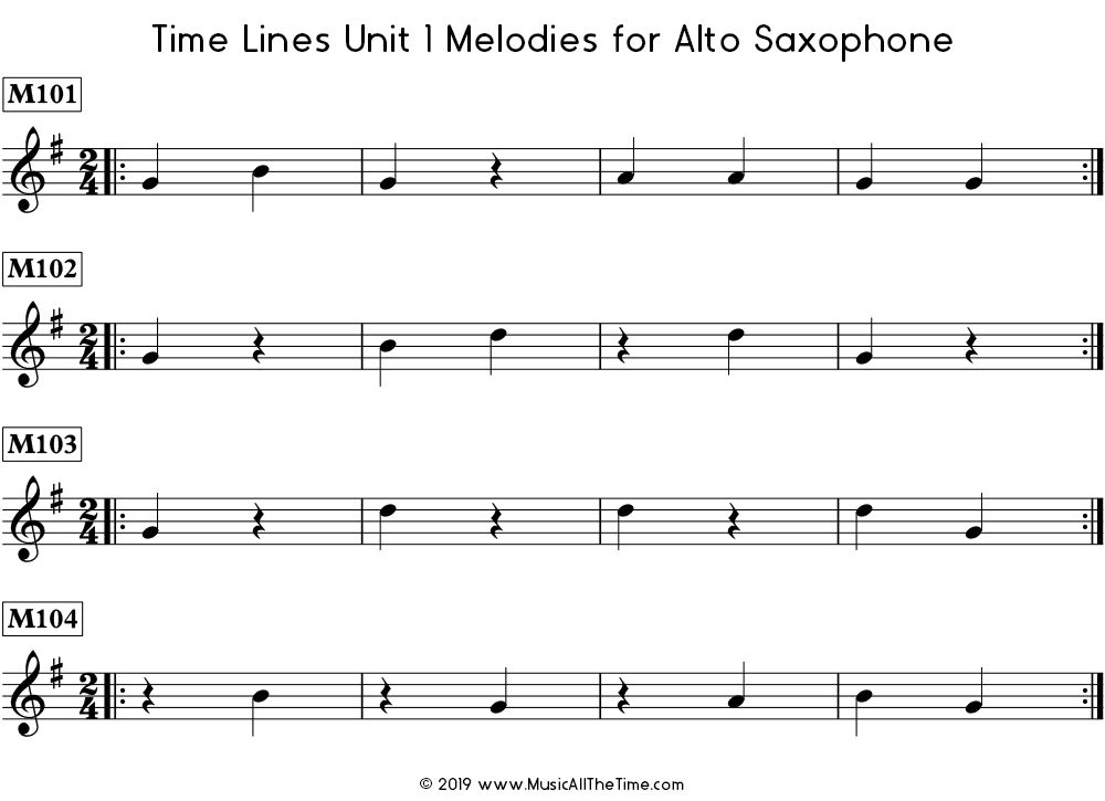 Time Lines Melodies for alto saxophone with quarter notes and quarter rests in 2/4 and 3/4 time signatures.