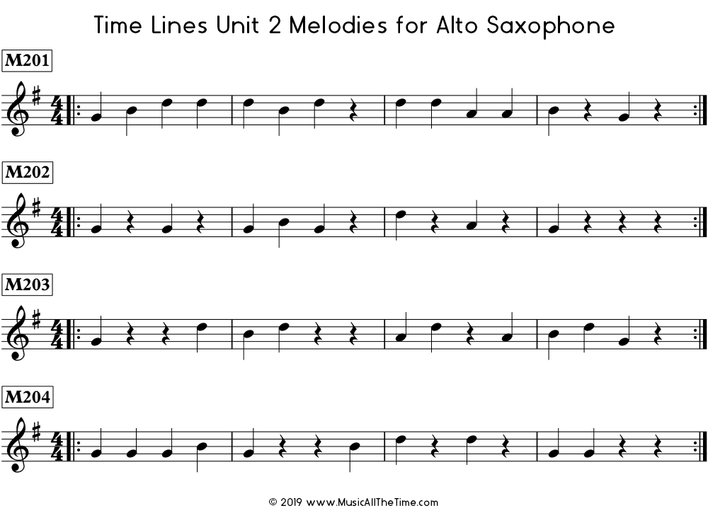 Time Lines Melodies for alto saxophone with quarter notes and quarter rests in 4/4 time signature.