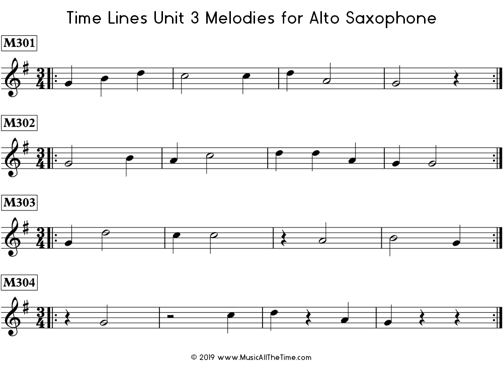 Time Lines Melodies for alto saxophone with half notes and half rests.