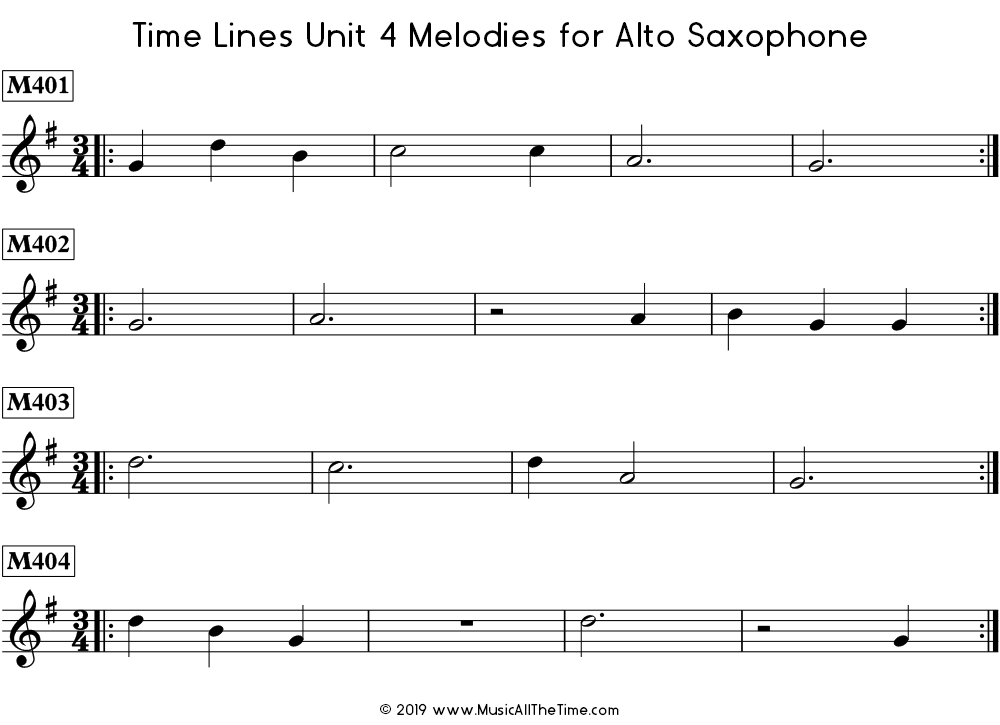 Time Lines Melodies for alto saxophone with dotted half notes, whole notes, and whole rests.