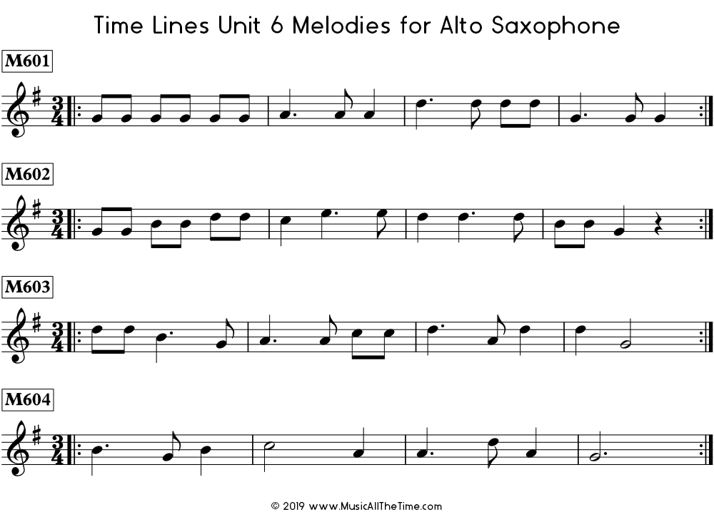 Time Lines Melodies for alto saxophone with dotted quarter notes.