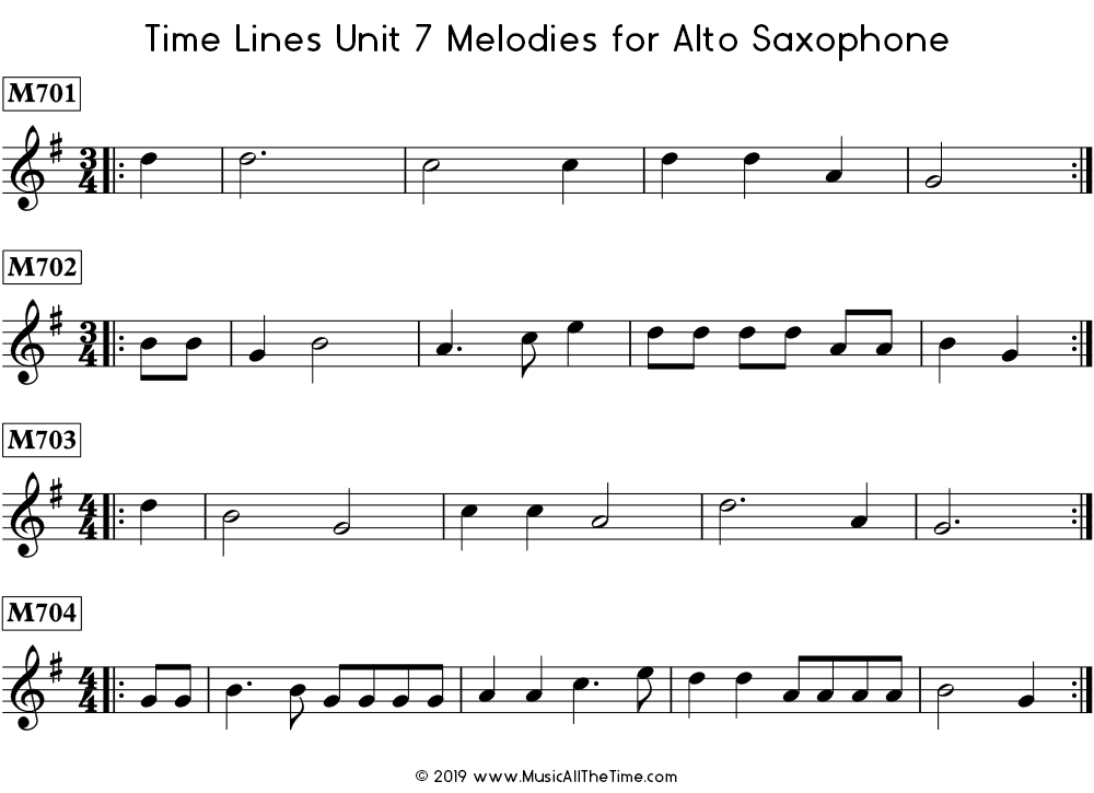 Time Lines Melodies for alto saxophone with pickup notes.