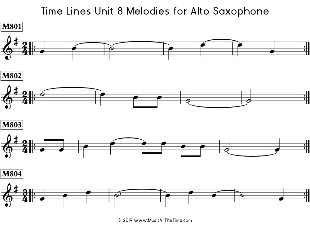 Time Lines Melodies for alto saxophone with ties over measure lines.