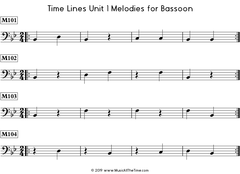 Time Lines Melodies for bassoon with quarter notes and quarter rests in 2/4 and 3/4 time signatures.