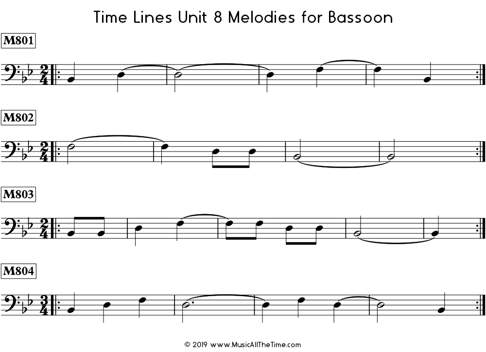 Time Lines Melodies for bassoon with ties over measure lines.