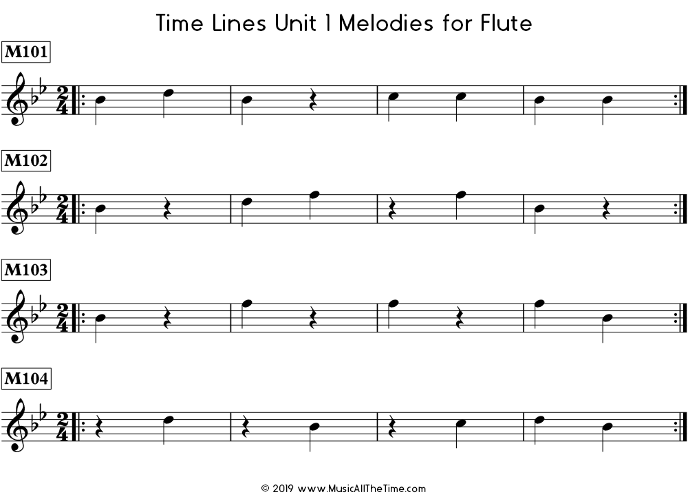 Time Lines Melodies for flute with quarter notes and quarter rests in 2/4 and 3/4 time signatures.
