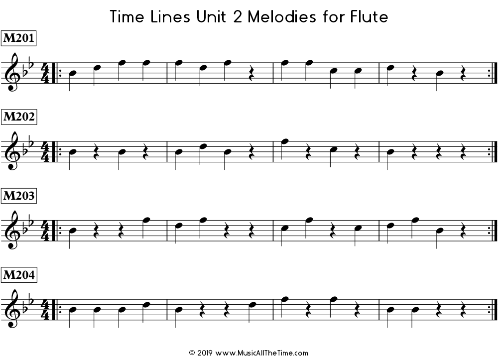 Time Lines Melodies for flute with quarter notes and quarter rests in 4/4 time signature.