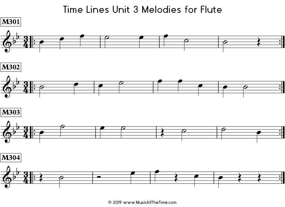 Time Lines Melodies for flute with half notes and half rests.