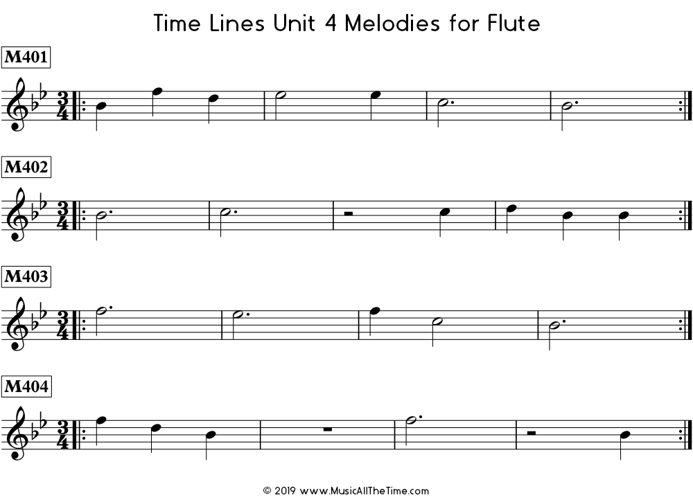Time Lines Melodies for flute with dotted half notes, whole notes, and whole rests.