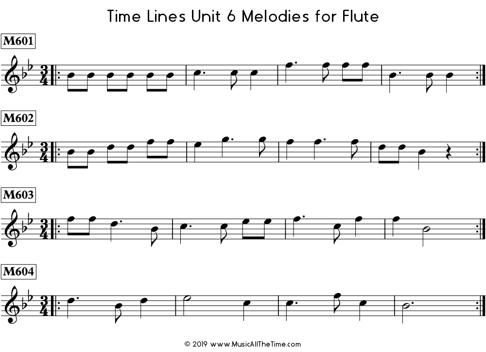 Time Lines Melodies for flute with dotted quarter notes.