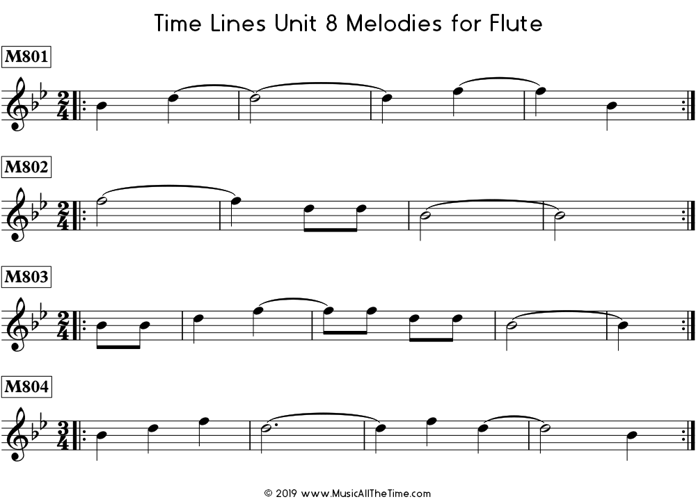 Time Lines Melodies for flute with ties over measure lines.
