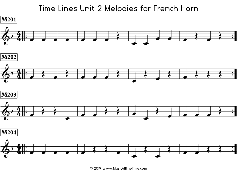 Time Lines Melodies for French horn with quarter notes and quarter rests in 4/4 time signature.