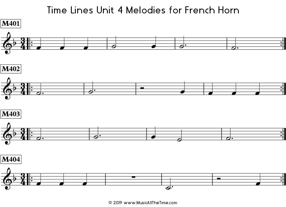 Time Lines Melodies for French horn with dotted half notes, whole notes, and whole rests.