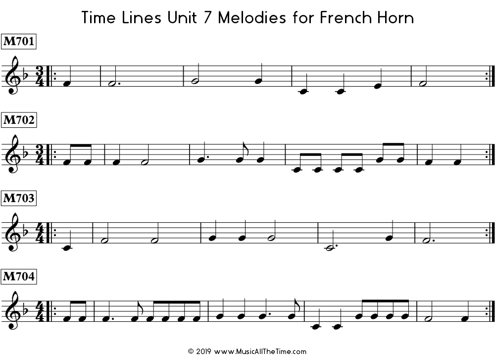 Time Lines Melodies for French horn with pickup notes.