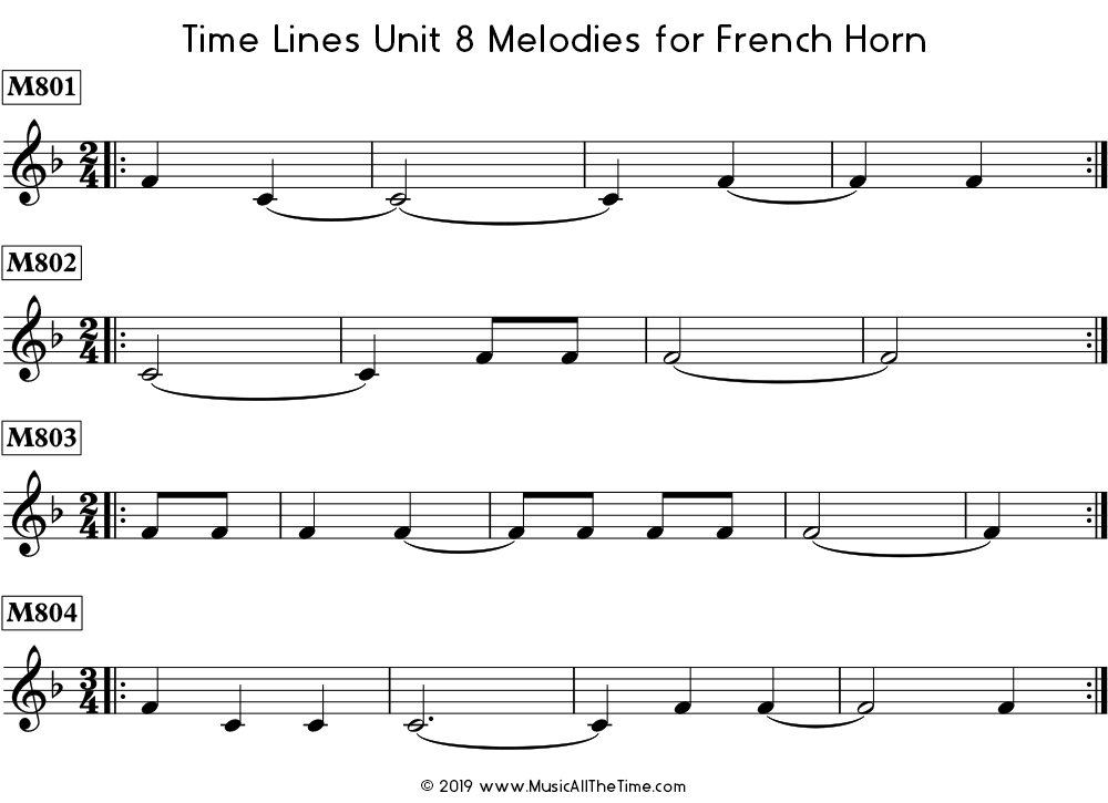 Time Lines Melodies for French horn with ties over measure lines.