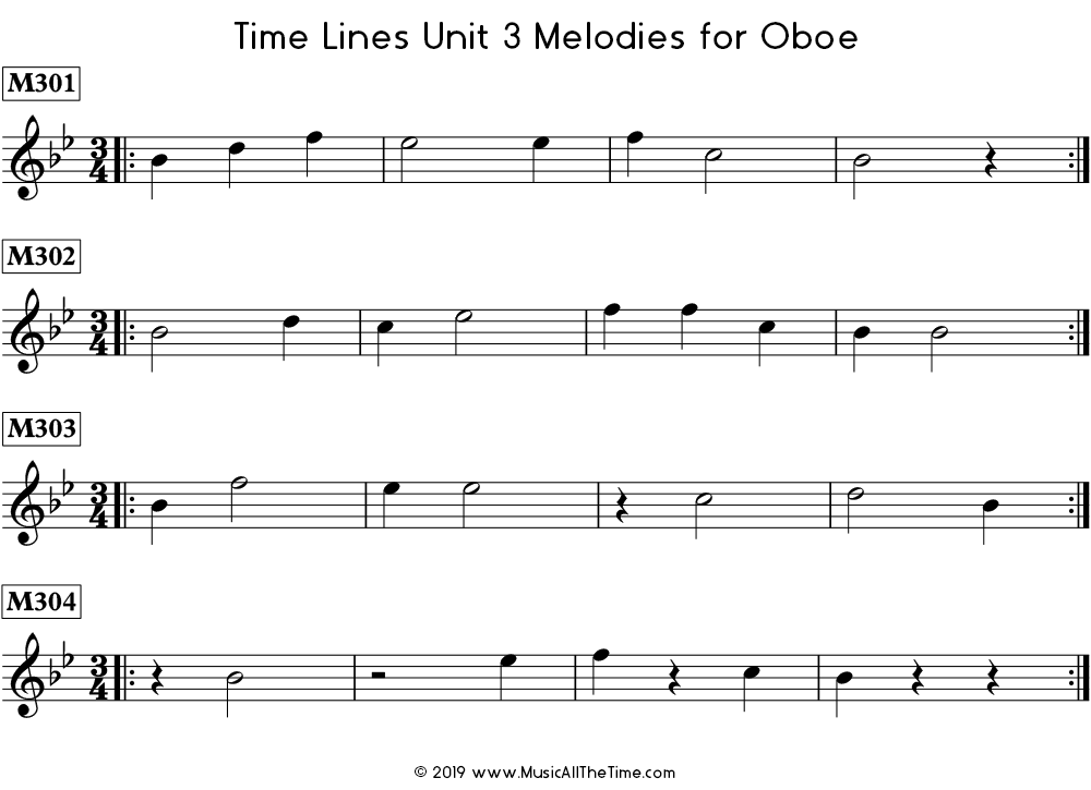 Time Lines Melodies for oboe with half notes and half rests.