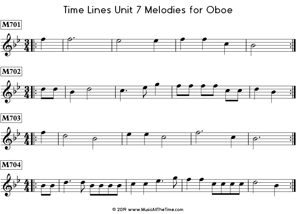 Time Lines Melodies for oboe with pickup notes.