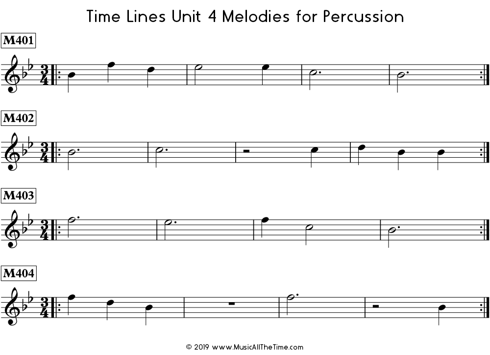 Time Lines Melodies for percussion with dotted half notes, whole notes, and whole rests.