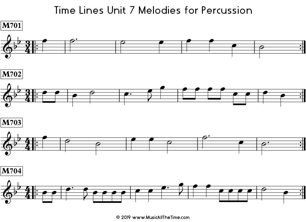 Time Lines Melodies for percussion with pickup notes.
