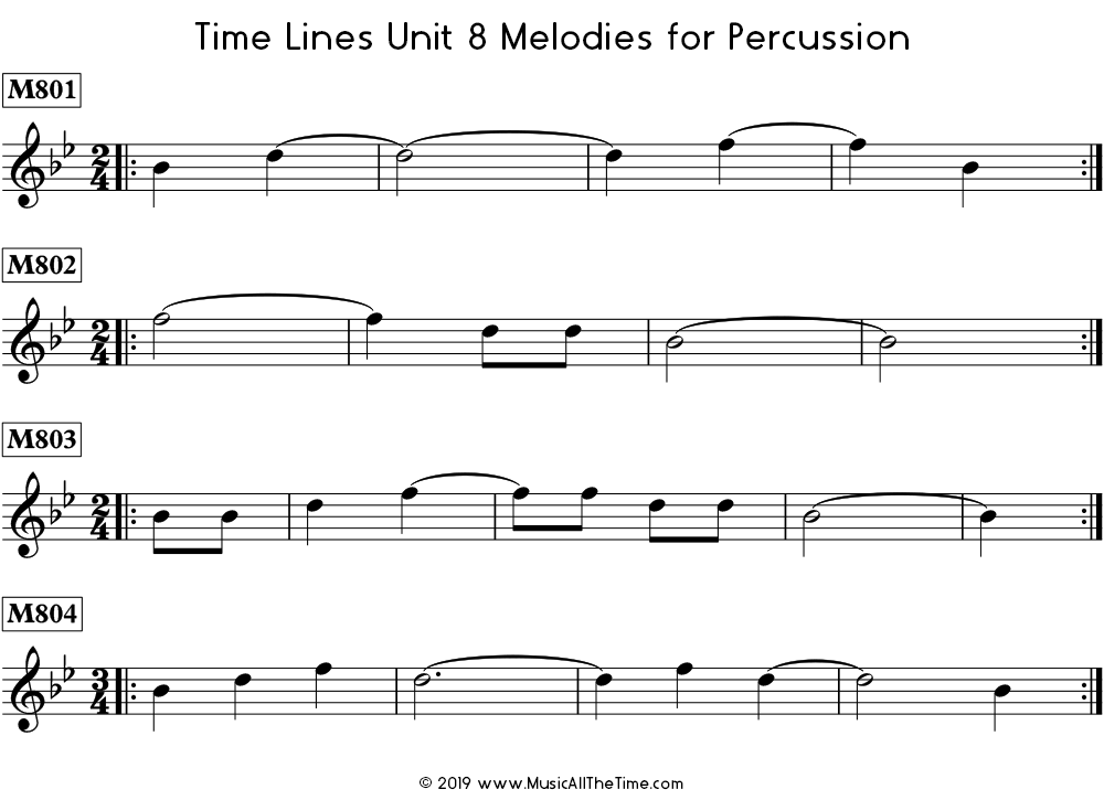 Time Lines Melodies for percussion with ties over measure lines.