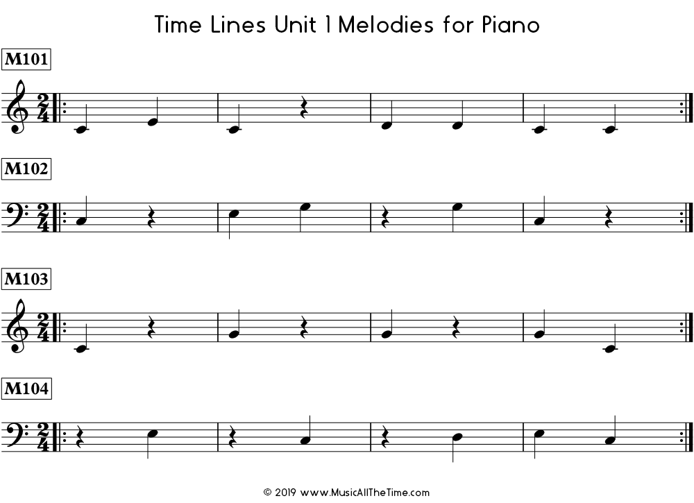 Time Lines Melodies for piano with quarter notes and quarter rests in 2/4 and 3/4 time signatures.