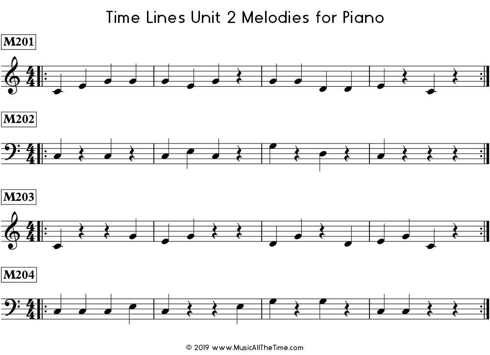 Time Lines Melodies for piano with quarter notes and quarter rests in 4/4 time signature.