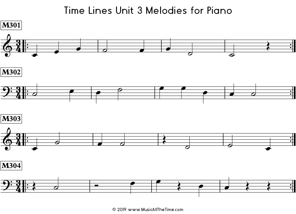 Time Lines Melodies for piano with half notes and half rests.
