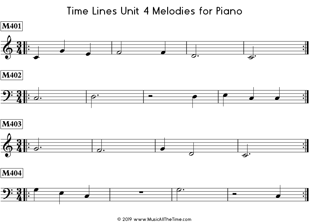 Time Lines Melodies for piano with dotted half notes, whole notes, and whole rests.