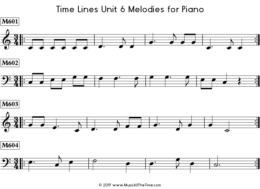 Time Lines Melodies for piano with dotted quarter notes.