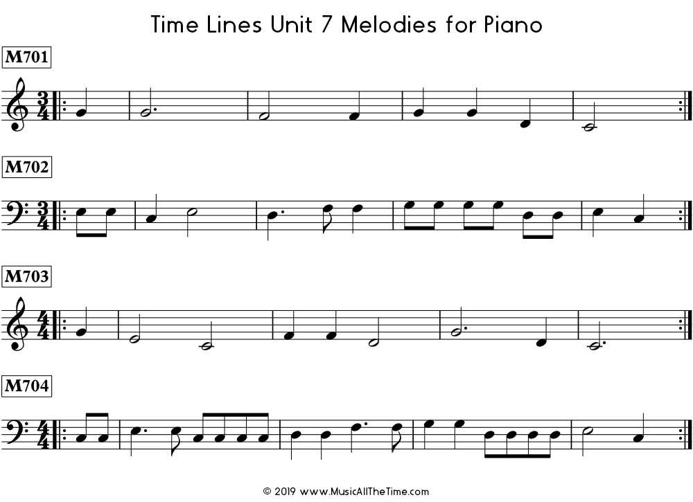 Time Lines Melodies for piano with pickup notes.
