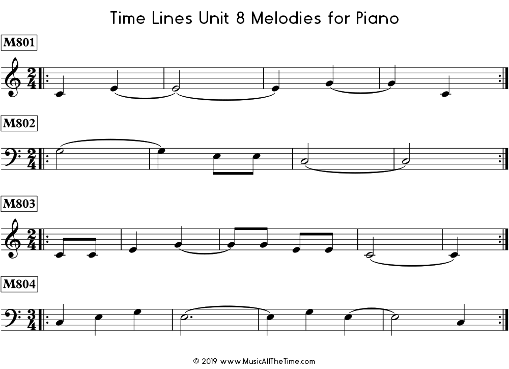 Time Lines Melodies for piano with ties over measure lines.
