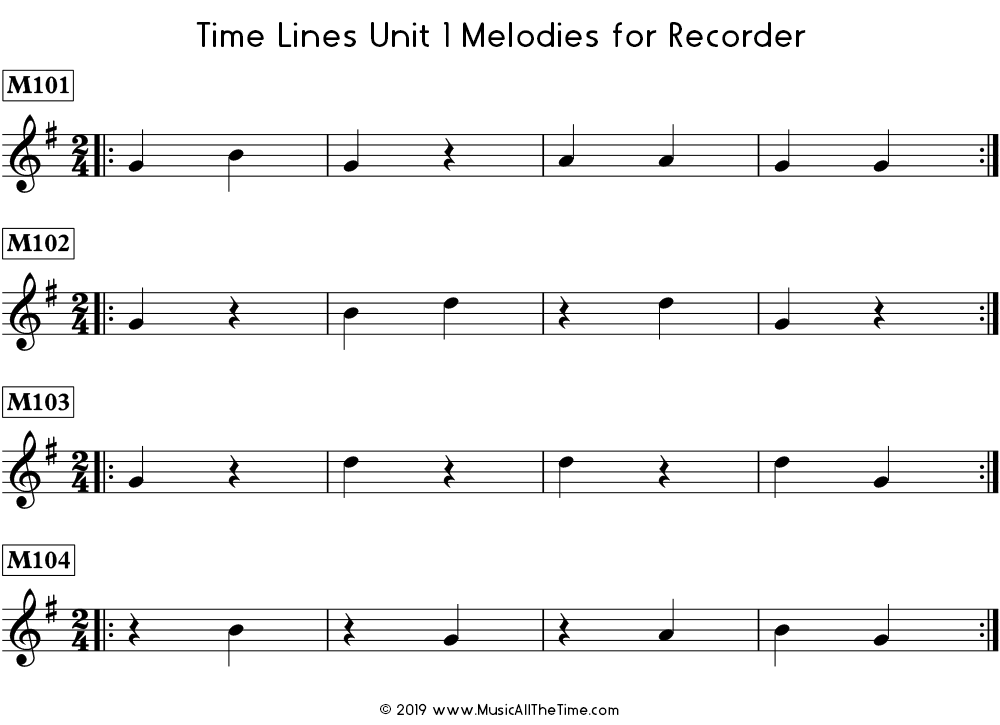 Time Lines Melodies for recorder with quarter notes and quarter rests in 2/4 and 3/4 time signatures.