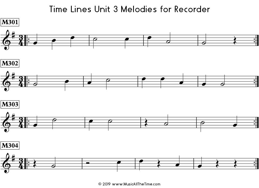 Time Lines Melodies for recorder with half notes and half rests.