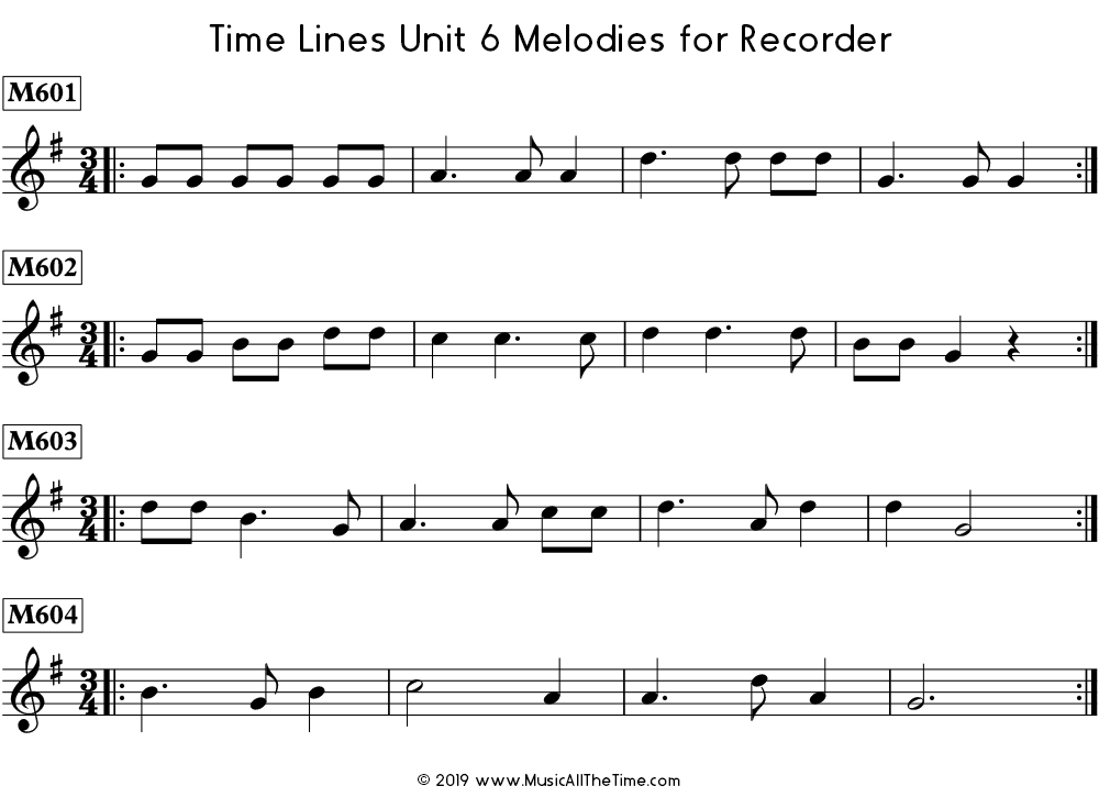 Time Lines Melodies for recorder with dotted quarter notes.
