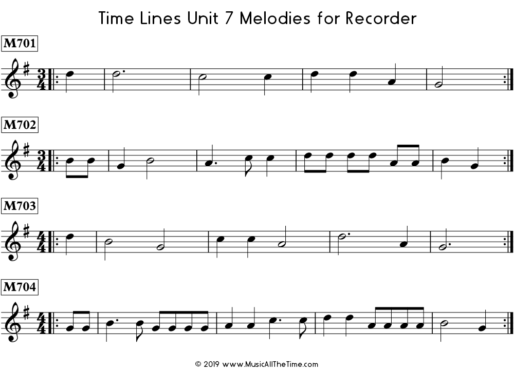 Time Lines Melodies for recorder with pickup notes.