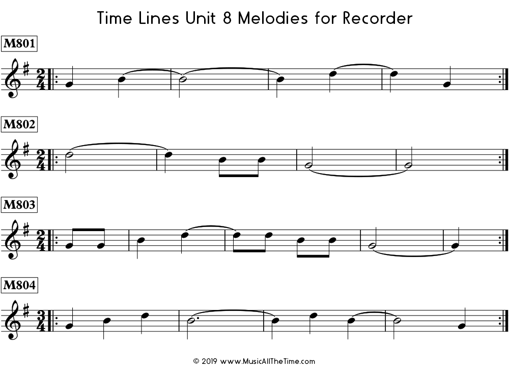 Time Lines Melodies for recorder with ties over measure lines.