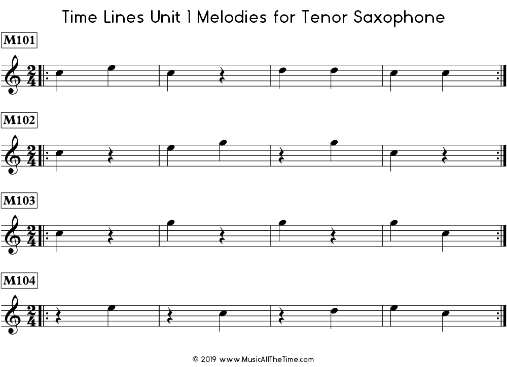 Time Lines Melodies for tenor saxophone with quarter notes and quarter rests in 2/4 and 3/4 time signatures.