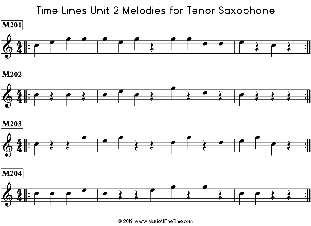 Time Lines Melodies for tenor saxophone with quarter notes and quarter rests in 4/4 time signature.
