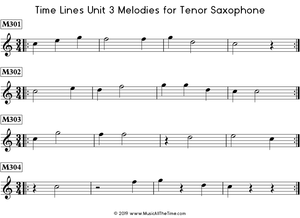 Time Lines Melodies for tenor saxophone with half notes and half rests.
