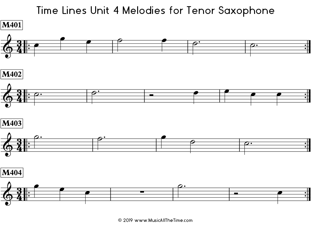 Time Lines Melodies for tenor saxophone with dotted half notes, whole notes, and whole rests.