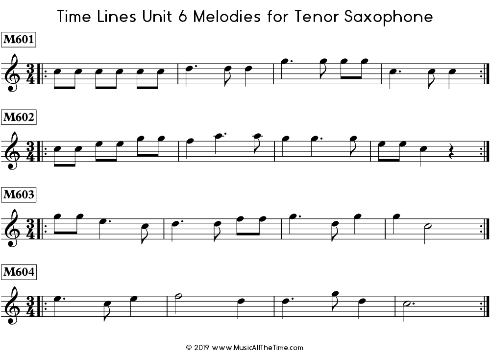 Time Lines Melodies for tenor saxophone with dotted quarter notes.