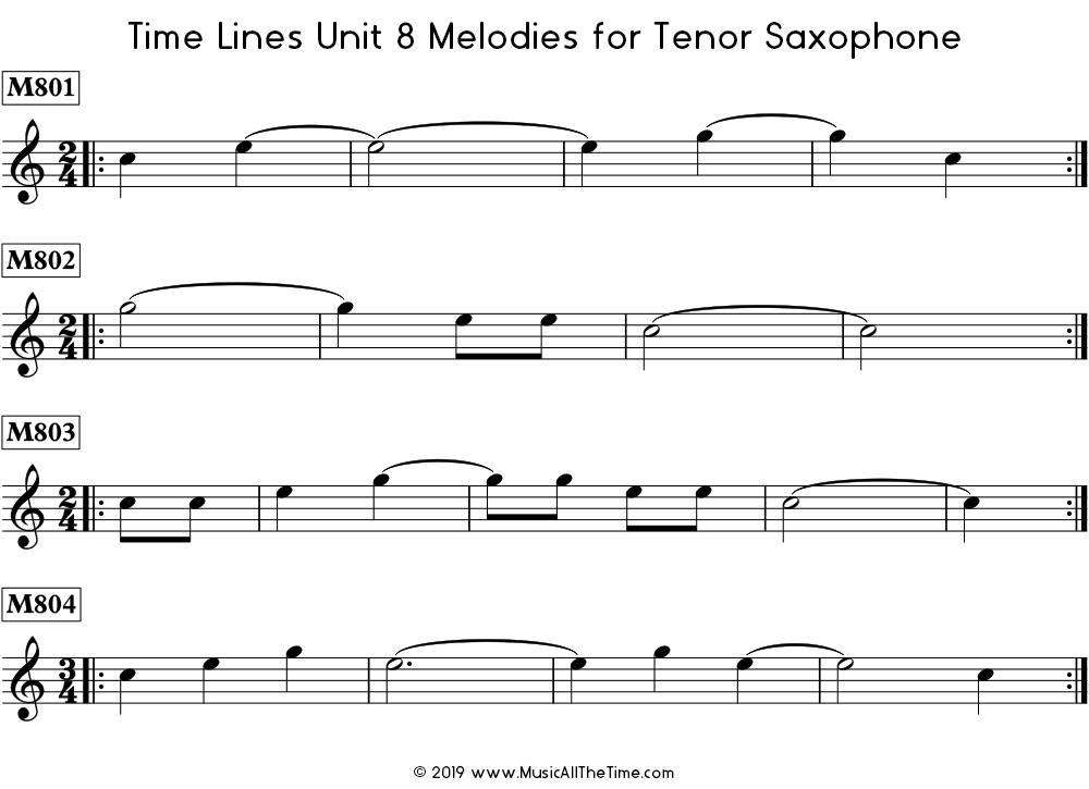 Time Lines Melodies for tenor saxophone with ties over measure lines.