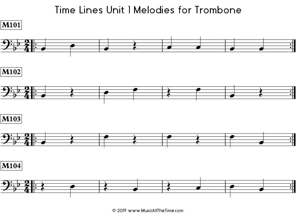 Time Lines Melodies for trombone with quarter notes and quarter rests in 2/4 and 3/4 time signatures.