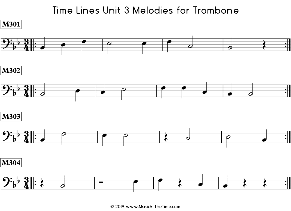 Time Lines Melodies for trombone with half notes and half rests.