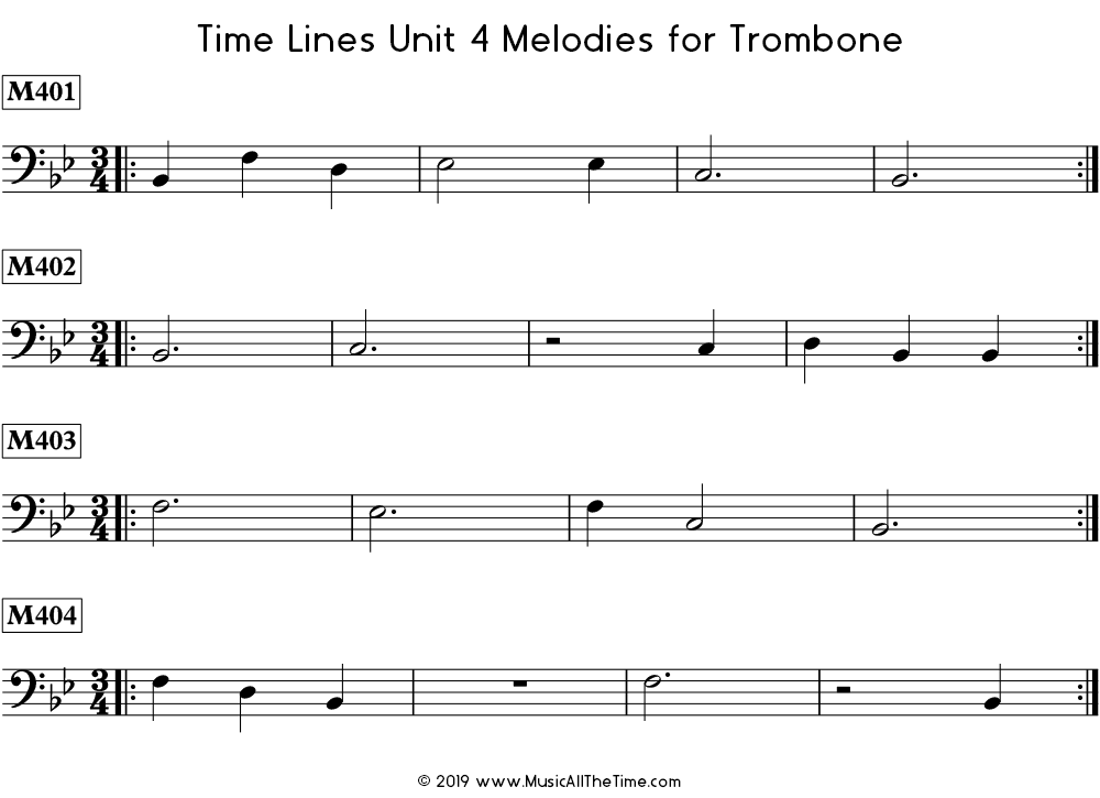 Time Lines Melodies for trombone with dotted half notes, whole notes, and whole rests.