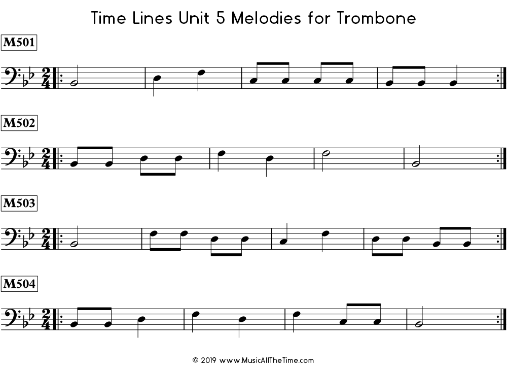 Time Lines Melodies for trombone with eighth notes.